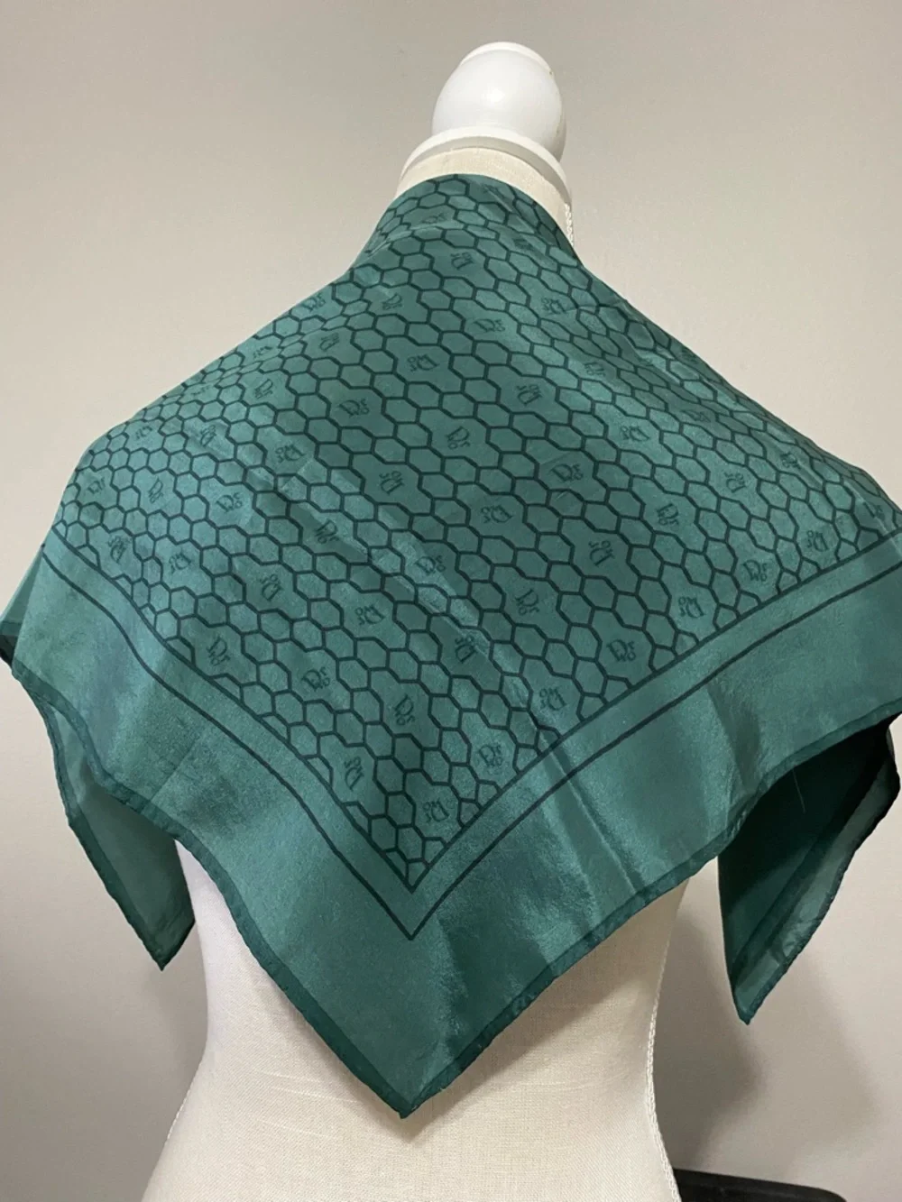 Dior Silk Scarf Vintage Emerald Green Honeycomb Monogram Square 24x24 No Tag